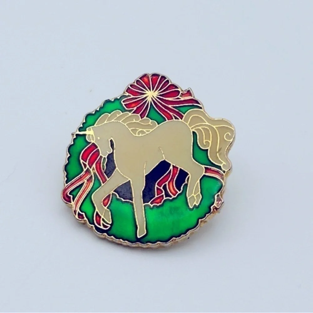 Vintage Small Novelty Red and Green Round Unicorn Pin Girl Power Red Ribbon